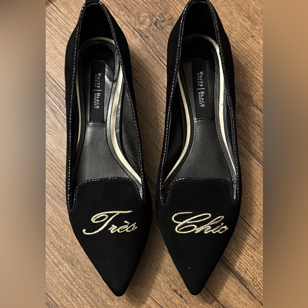 New WHBM Black and Gold Women's flats 7 pointed toe suede